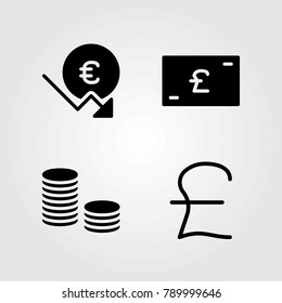 Bank vector icons set. coins, pound sterling and euro