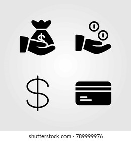 Bank vector icons set. dollar, coins and credit card
