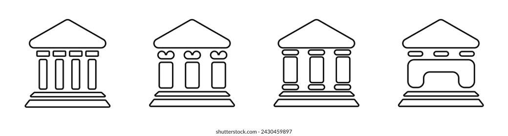 Bank vector logo set. Icons of the theater building with columns. Business bank icon vector. Set of linear business center vector symbols. Payment building concept.