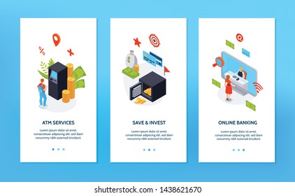 Bank vertical banners set advertising online banking atm safe and invest services isolated vector illustration