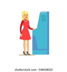 Bank Visitor Using ATM Cash Machine. Bank Service, Account Management And Financial Affairs Themed Vector Illustration