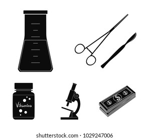 A bank of vitamins, a flask with a solution and other equipment.Medicine set collection icons in black style vector symbol stock illustration web.
