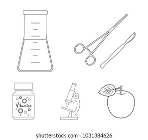 A bank of vitamins, a flask with a solution and other equipment.Medicine set collection icons in outline style vector symbol stock illustration web.