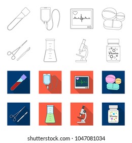 A bank of vitamins, a flask with a solution and other equipment.Medicine set collection icons in outline,flet style vector symbol stock illustration web.