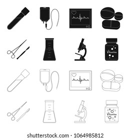 A bank of vitamins, a flask with a solution and other equipment.Medicine set collection icons in black,outline style vector symbol stock illustration web.