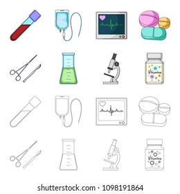 A bank of vitamins, a flask with a solution and other equipment.Medicine set collection icons in cartoon,outline style vector symbol stock illustration web.