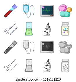A bank of vitamins, a flask with a solution and other equipment.Medicine set collection icons in cartoon,monochrome style vector symbol stock illustration web.