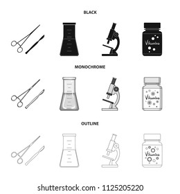 A bank of vitamins, a flask with a solution and other equipment. Medicine set collection icons in black, monochrome, outline style vector symbol stock illustration web.