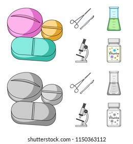 A bank of vitamins, a flask with a solution and other equipment.Medicine set collection icons in cartoon,monochrome style vector symbol stock illustration web.