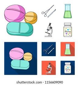 A bank of vitamins, a flask with a solution and other equipment.Medicine set collection icons in cartoon,flat style vector symbol stock illustration web.