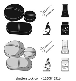 A bank of vitamins, a flask with a solution and other equipment.Medicine set collection icons in black,monochrome style vector symbol stock illustration web.
