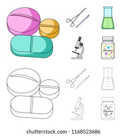 A bank of vitamins, a flask with a solution and other equipment.Medicine set collection icons in cartoon,outline style vector symbol stock illustration web.
