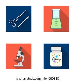 A bank of vitamins, a flask with a solution and other equipment.Medicine set collection icons in flat style vector symbol stock illustration web.
