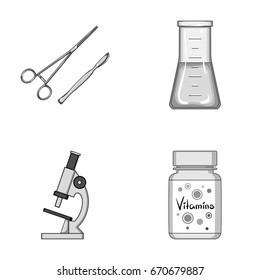 A bank of vitamins, a flask with a solution and other equipment.Medicine set collection icons in monochrome style vector symbol stock illustration web.