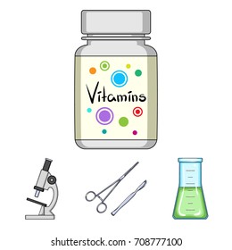 A bank of vitamins, a flask with a solution and other equipment. Medicine set collection icons in cartoon style vector symbol stock illustration web.