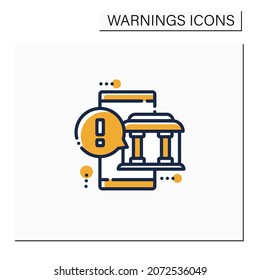 Bank warning color icon. Bank notification. Remainder. Message from bank. Exclamation point. Warnings concept.Isolated vector illustration