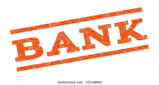 Bank watermark stamp. Text caption between parallel lines with grunge design style. Rubber seal stamp with unclean texture. Vector orange color ink imprint on a white background.