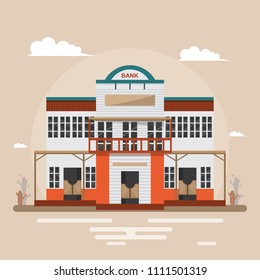 Bank in western town on brown background. Building design vintage style. Vector illustration.