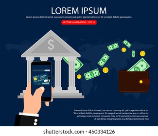 Bank wire transfer. Mobile payment, internet banking, business. Vector illustration.