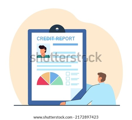Bank worker analyzing statistics and information about client. Credit score analysis flat vector illustration. Credit report, finances, banking concept for banner, website design or landing web page