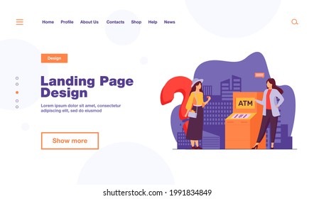 Trabajador bancario ayudando a los clientes a utilizar el cajero automático. Niña con tarjeta de crédito con pregunta de ilustración vectorial plana. Finanzas, servicio, concepto de consulta para banner, diseño de sitio web o página web de aterrizaje