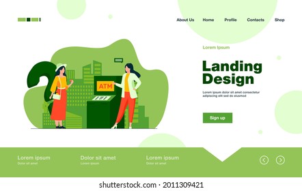 Bankangestellte helfen Kunden, den Geldautomaten zu nutzen. Mädchen mit Kreditkarte mit Frage flach Vektorgrafik. Finanz-, Service-, Beratungs-Konzept für Banner, Website-Design oder Landing-Website