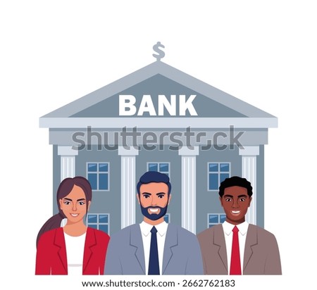 Bank workers concept. Clever officials at government building and employees of bank or Ministry of Finance and Economy. Democratic Community.
