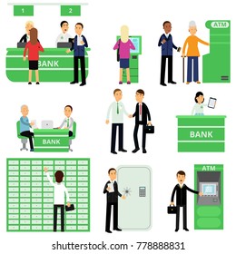 Bank workers and their clients in different situations. People characters in bank office. Investment management service. Finance and money. Flat vector design