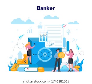 Banker or banking concept. Idea of finance income, money saving and wealth. Depositing and investing a contribution in the bank. Vector illustration in flat style