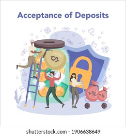 Banker or banking concept. Idea of finance income, money saving and wealth. Depositing and bank cash operation sevice. Vector illustration in flat style