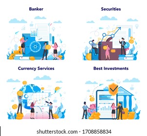 Banker or banking concept set. Idea of finance income, money saving and wealth. Depositing and investing a contribution in the bank. Vector illustration in flat style