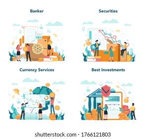 Banker or banking concept set. Idea of finance income, money saving and wealth. Depositing and investing a contribution in the bank. Vector illustration in flat style
