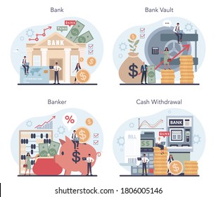 Conjunto de conceptos bancarios o bancarios. Idea de ingresos financieros, ahorro de dinero y riqueza. Depósito e inversión de una contribución en el banco. Ilustración vectorial en estilo plano