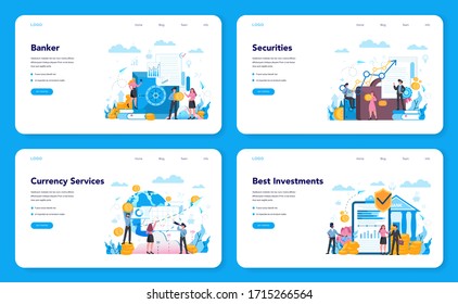 Banker or banking web banner or landing page set. Idea of finance income, money saving and wealth. Depositing and investing a contribution in the bank. Vector illustration in flat style