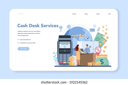 Banker or banking web banner or landing page. Idea of finance income, money saving and wealth. Depositing, loan and cash sevice. Vector illustration in flat style