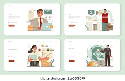 Banker or banking web banner or landing page set. Idea of finance income, money saving and wealth. Depositing, loan and bank cash operation sevice. Vector illustration in flat style