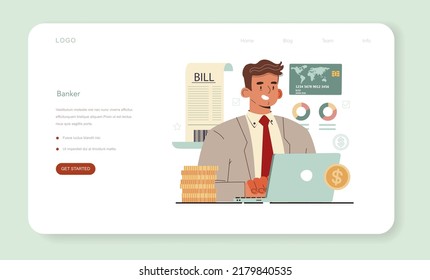 Banker or banking web banner or landing page. Idea of finance income, money saving and wealth. Depositing, loan and bank cash operation sevice. Vector illustration in flat style