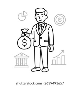 Banker Cartoon Character Thin Line Outline Vector Illustration