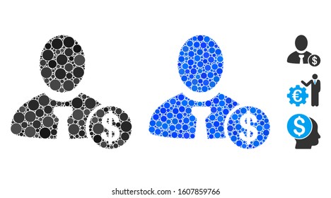 Banker composition of round dots in various sizes and color tinges, based on banker icon. Vector round dots are combined into blue composition. Dotted banker icon in usual and blue versions.