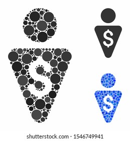 Banker composition of small circles in variable sizes and color tints, based on banker icon. Vector filled circles are united into blue composition. Dotted banker icon in usual and blue versions.