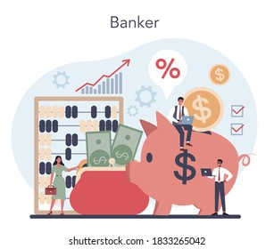 Banker concept. Idea of finance income, money saving and wealth. Depositing and investing a contribution in the bank. Vector illustration in flat style