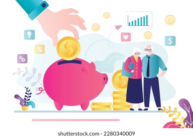 Banker hand puts gold coins in piggy bank. Happy elderly people with big profit. Love old couple have profit from bank deposits, passive income. Retirement fund, savings. flat vector illustration