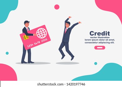 Banker holds a credit card. Credit approval. Financial services. Contract conclusion. Businessman rejoices loan. Give money. Vector illustration flat design. Isolated on  landing page. Happy people