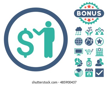 Banker icon with bonus design elements. Vector illustration style is flat iconic bicolor symbols, cobalt and cyan colors, white background.