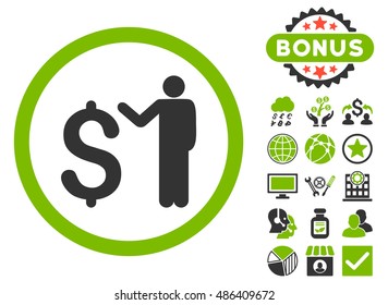 Banker icon with bonus design elements. Vector illustration style is flat iconic bicolor symbols, eco green and gray colors, white background.