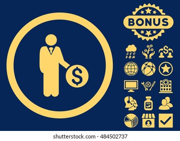 Banker icon with bonus elements. Vector illustration style is flat iconic symbols, yellow color, blue background.