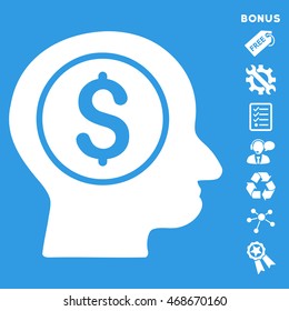Banker icon with bonus pictograms. Vector illustration style is flat iconic symbols, white color, blue background, rounded angles.