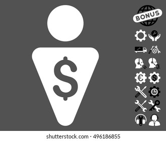 Banker icon with bonus tools icon set. Vector illustration style is flat iconic bicolor symbols, black and white colors, gray background.