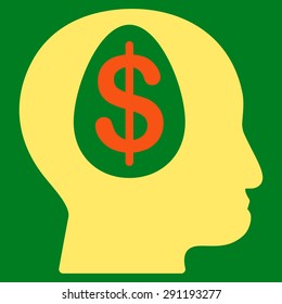 Banker icon from Commerce Set. Vector style: bicolor flat symbol, orange and yellow colors, rounded angles, green background.