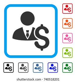 Banker icon. Flat gray pictogram symbol inside a light blue rounded rectangular frame. Black, gray, green, blue, red, orange color variants of Banker vector.